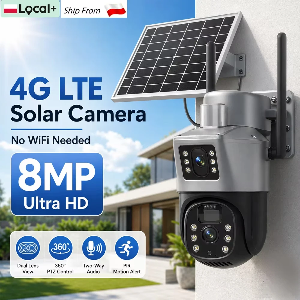 Cámara de Seguridad IP Solar PTZ 4K 8MP con Tarjeta SIM 4G, Doble Lente, Doble Pantalla, Exterior, IP66 Impermeable, con Detección de Movimiento PIR, Audio Bidireccional, Batería Integrada