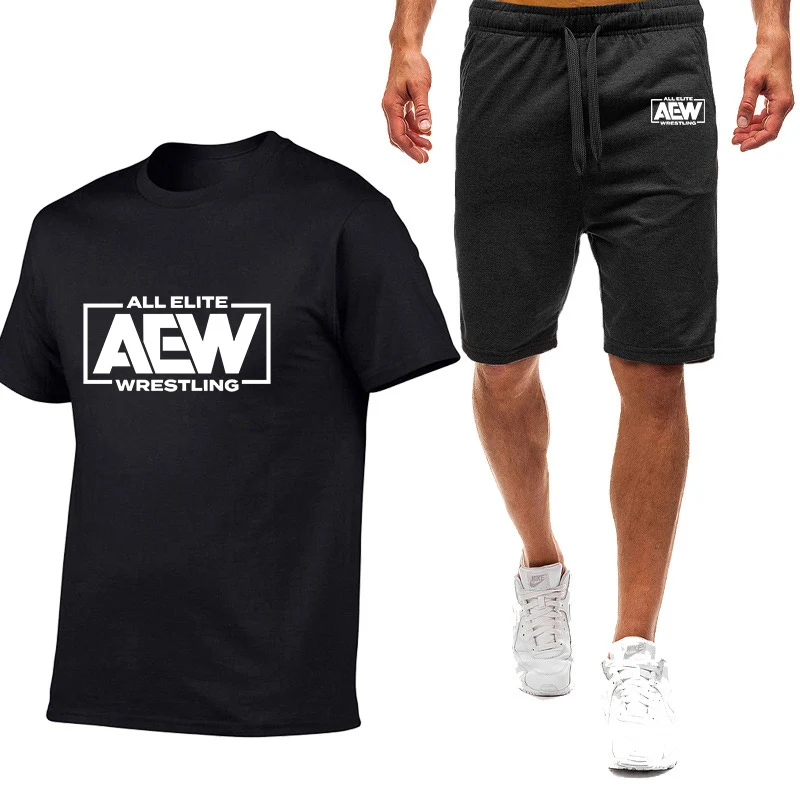 2024 Summer Men's All Elite AEW Wrestling AEW Logo Print Popular Round Neck Cotton T-Shirt+Casual Sports Shorts Quick-Drying Set