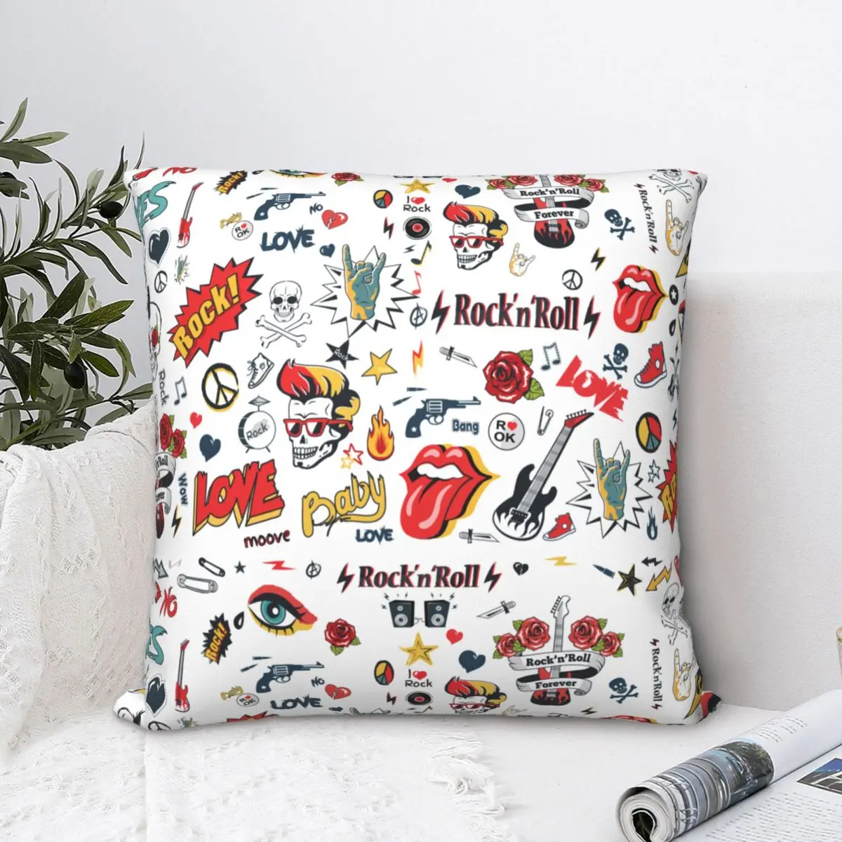 

Rock N Roll Skulls Guitar Hippie Signs Pillow Case Cushion Covers Funny Decorative Pillowcase for Sofa 18"