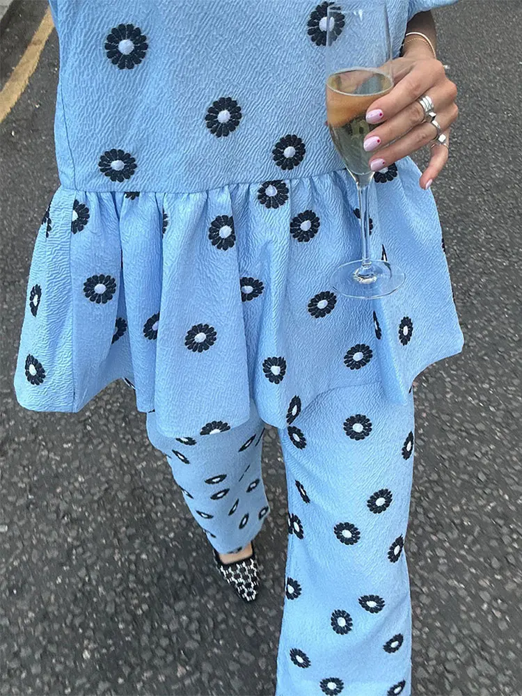 Fashion Print Pants 2 Piece Sets Women Elegant O Neck Puff Short Sleeve Shirts High Waist Wide Legs Pant Suit Lady Street Outfit