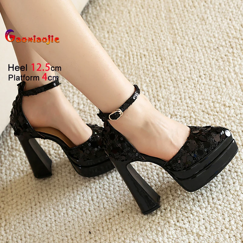 Brand Thick Platform Sandals 12.5CM Nightclub Blingbling Dance Shoes Women Pointed Sequin Chunk Heels Summer Plus Size Sandals