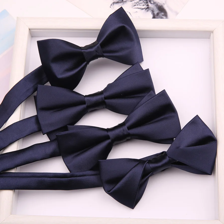 

High Quality 12*6CM Fashion Navy Blue Solid Yarn-dyed Polyester Bowties for Man Business Wedding Party Banquet Neckties