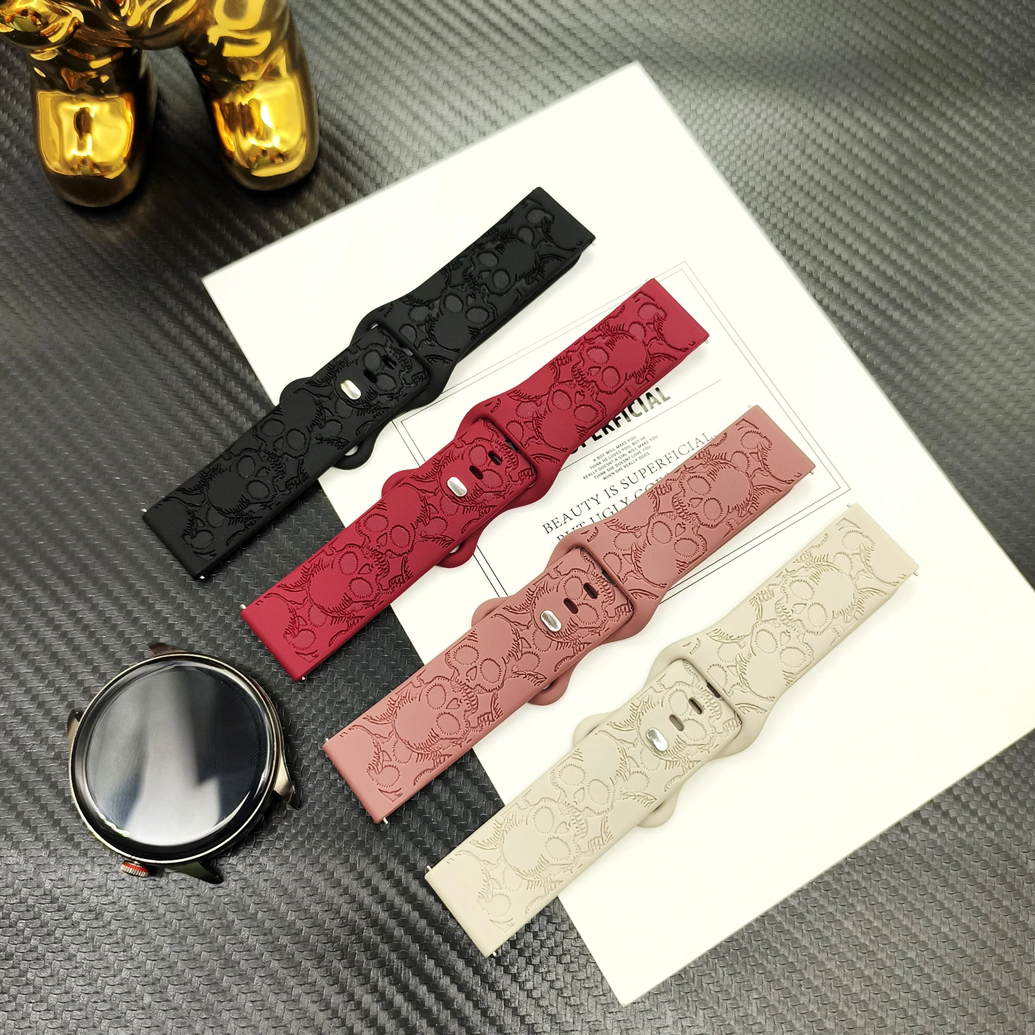 Universal 20/22mm carved skull silicone strap  for Samsung Galaxy watch 4 5 6 7 personalized strap  for Huawei watch GT4567 46MM
