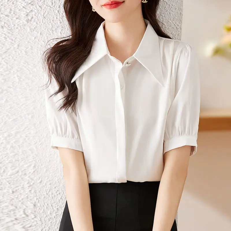 New French Top Solid Color Lapel Single-breasted Short-sleeved Chiffon Shirt for Women for Summer Thin White