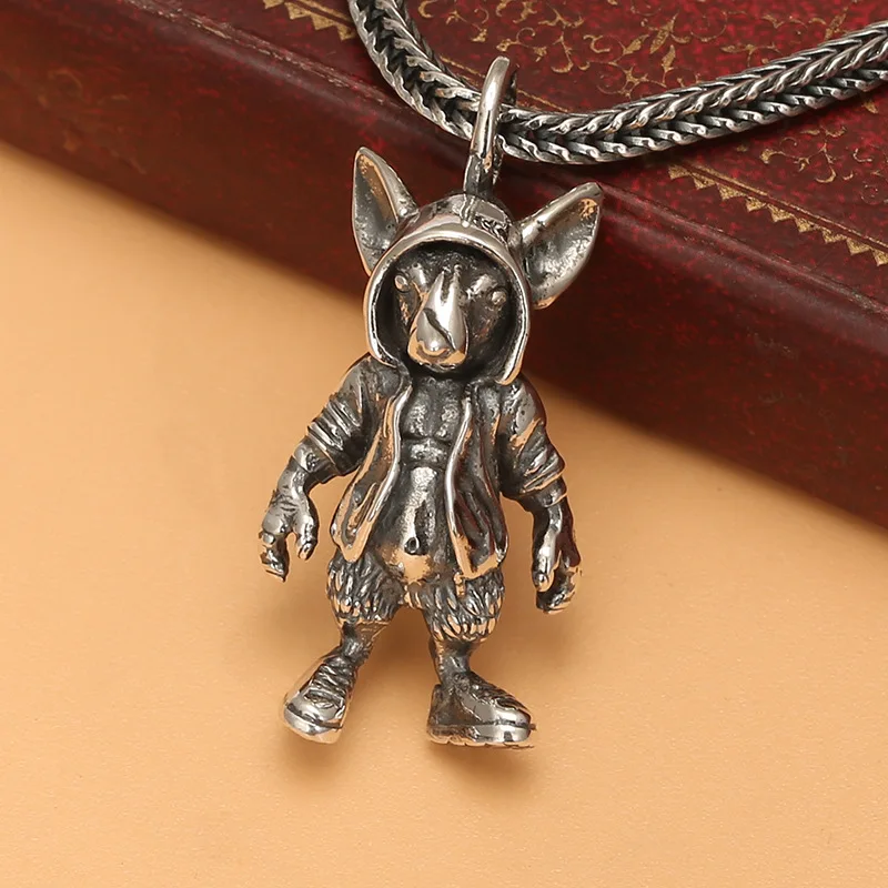 

S925 pure silver personality mouse pendant men's Thai silver vintage fashion trendy sweater chain pendant accessory