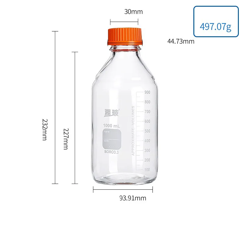 

1000ml High Borosilicate Glass Reagent Bottle with Orange Screw Cap Boro Glass Labware, Leak-Proof & Autoclavable for lab/Pharma