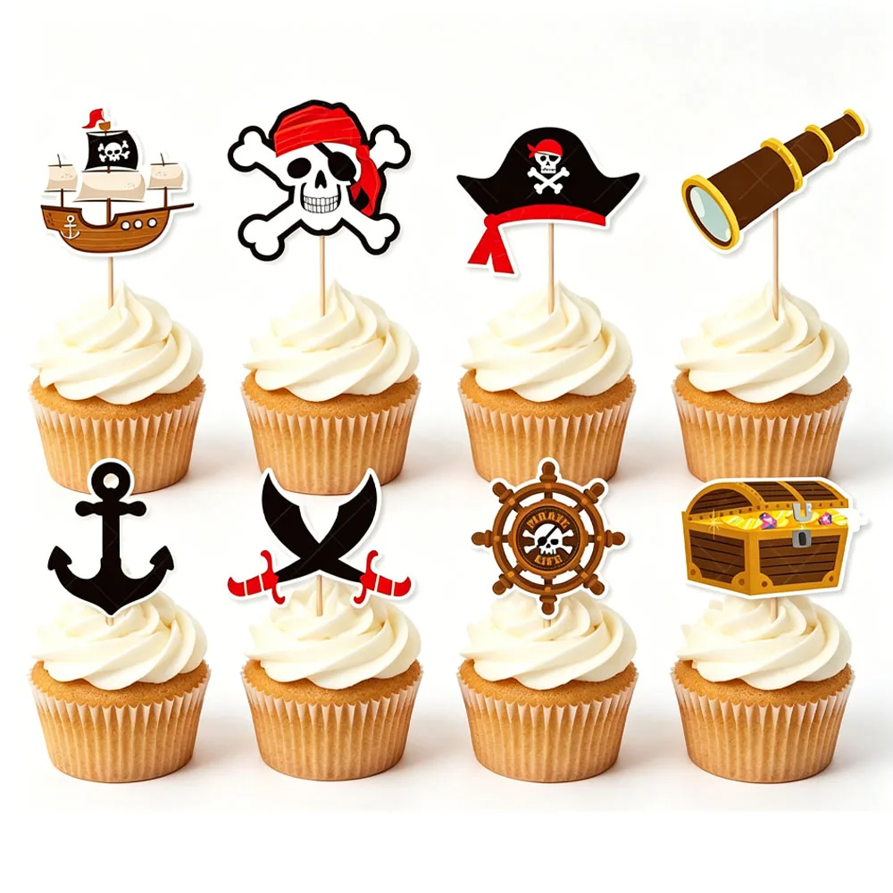 Pirate Party Birthday Cake Decor Happy Birthday Cake Topper Skull Ship Treasure Chest Cupcake Toppers Pirate Nautical Theme Deco view 5