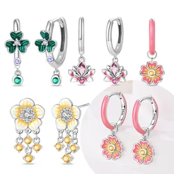 Silver 925 Lotus Lucky Grass Pink Flower Hoop Earrings for Women Birthday Party Fine Jewelry Gift Daily Matching Trendy Earrings