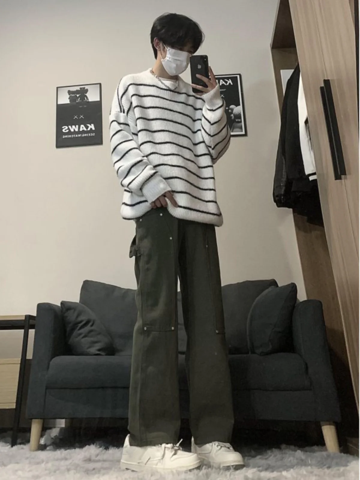 

American Style Men's Workwear Jeans Straight Leg Long Trousers High Waist Military Green Color Trendy Autumn Fashion