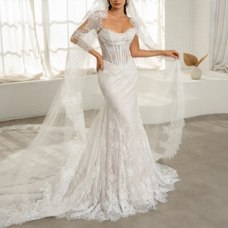 فساتين زفاف فاخرة بيضاء دبي حورية البحر العربية مزينة بالدانتيل تول ذيل محكمة فستان الزفاف زي العرائس vestidos de #1