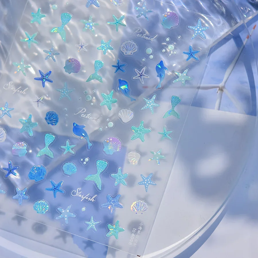 Shiny Gold Shell ปลาดาว Conch Whale Sea Star Scallop Coral 5D Bowknot กาวสติกเกอร์เล็บฤดูร้อนชายหาดเล็บ Decal