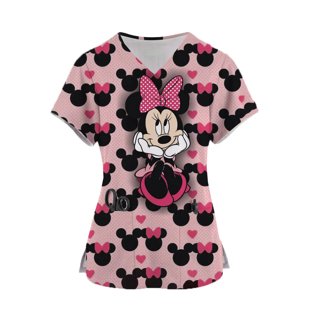 V-Neck Short Sleeve Pocket Care Workers T-Shirt Tops Summer Mickey Mouse Uniformes De Enfermera Women's Medical Clothes forWomen