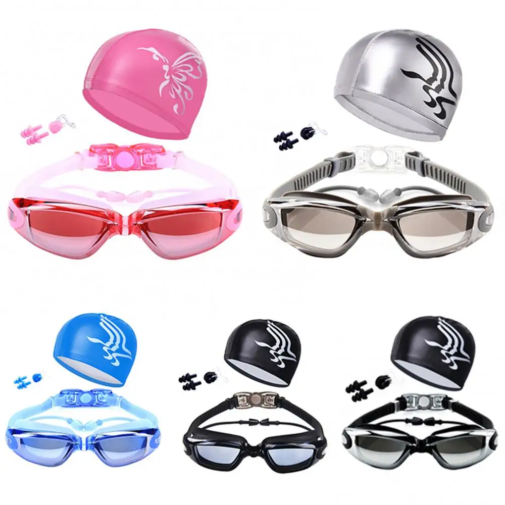 Swim Goggles With Hat Ear Plug Nose Clip Suit Anti fog UV Comfortable Adjustable Waterproof Swim Glasses 수경모