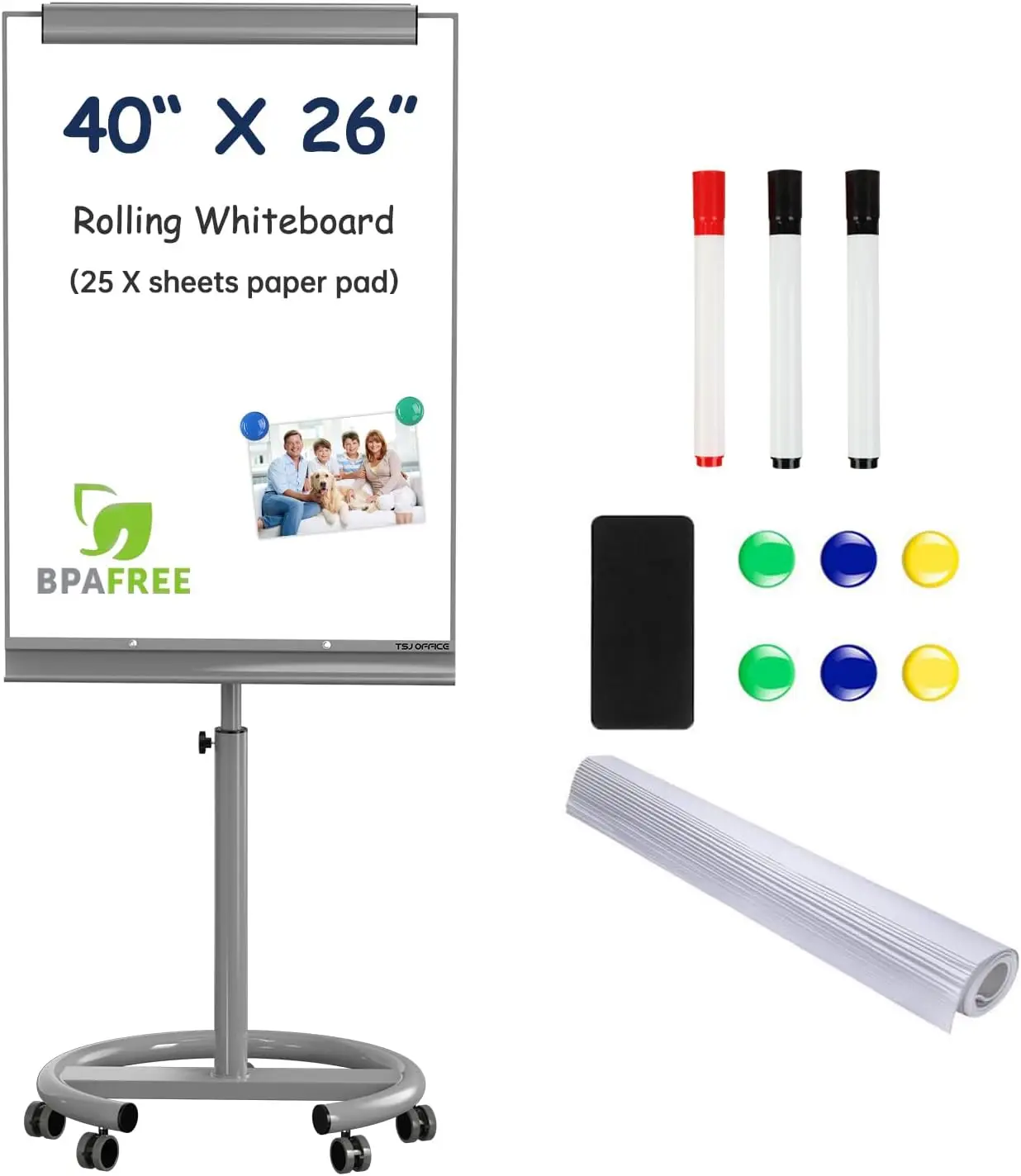

40x26 Inches Magnetic Mobile Whiteboard with Stand, Adjustable Height Dry Erase Board on Wheels, Gray