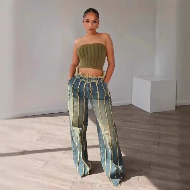 

Striped Tassel Washed Denim Wide Leg Pants Women Fashion High Waist Button Fly Loose Casual Jeans Trousers Streetwear Bottoms