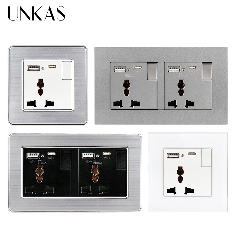 

UNKAS Type C 3 Hole Universal Standard 13A Socket With LED Indicator Outlet USB Charge Port Output 2.1A Glass Panel Stainless PC