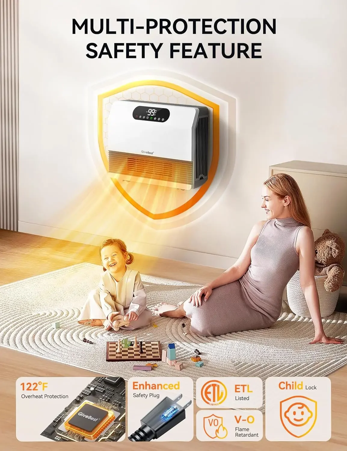 Smart Wall Heater, 1500W Fast Heating Space Heater for Bedroom, Electric Space Heater with Thermostat for Indoor Use, Floor or W