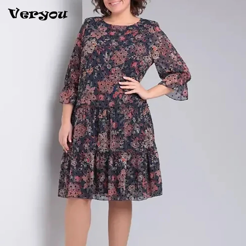 

Elegant Dress Plus Size Women Party Dress Women Casual O Neck Flower Printed Beach Holiday Dresses Boho Midi Dress