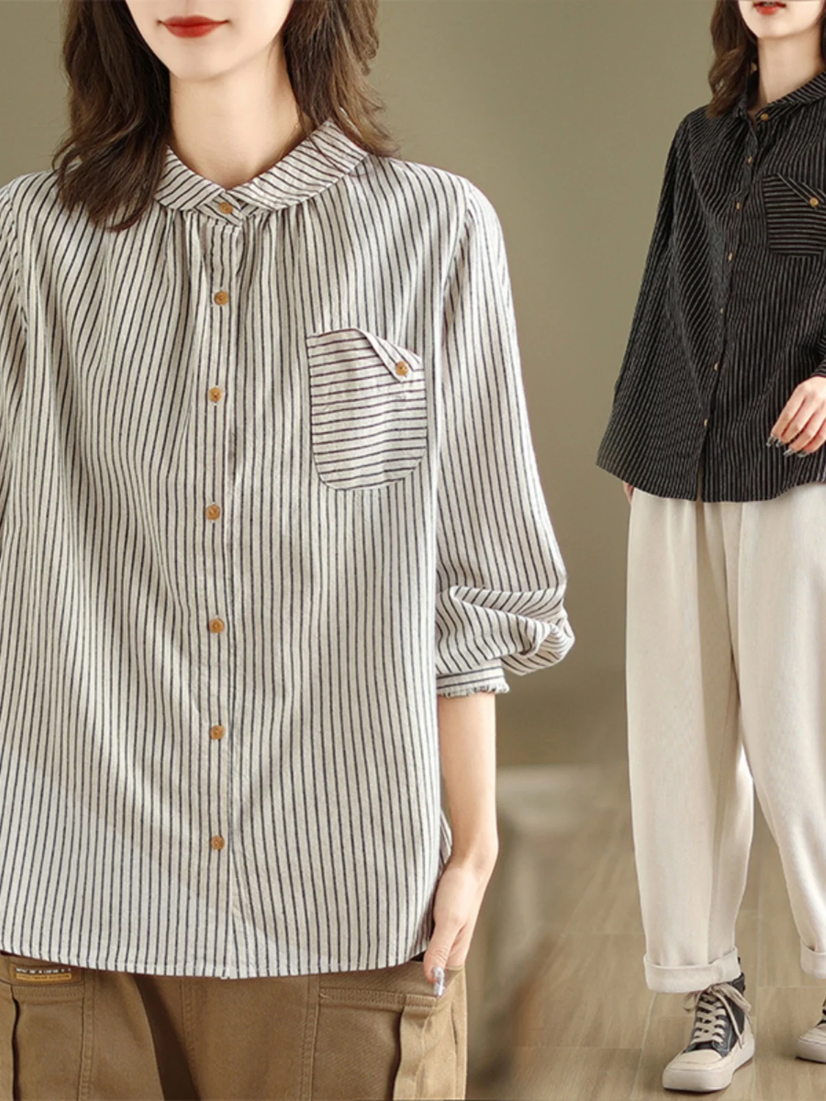 

Loose Fit Striped Long Sleeve Cotton Linen Shirt Artistic Vintage Women's plus Size Spring New Style Top Casual Elegant