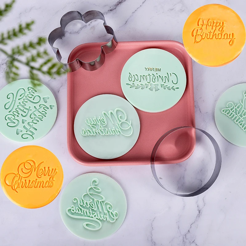 FAIS DU Merry Christmas Embossed Mold Acrylic Cookie Embosser Cake Decoration Tools Fondant Letter Cookie Cutters Biscuit Print