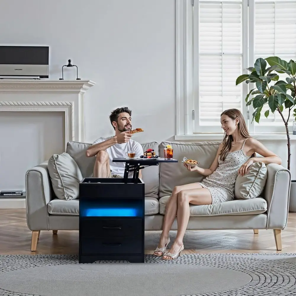 منضدة صديقة للكمبيوتر المحمول مع سطح رفع وعجلات وأضواء LED ومنفذ USB C ومخرج طاقة باللون الأسود