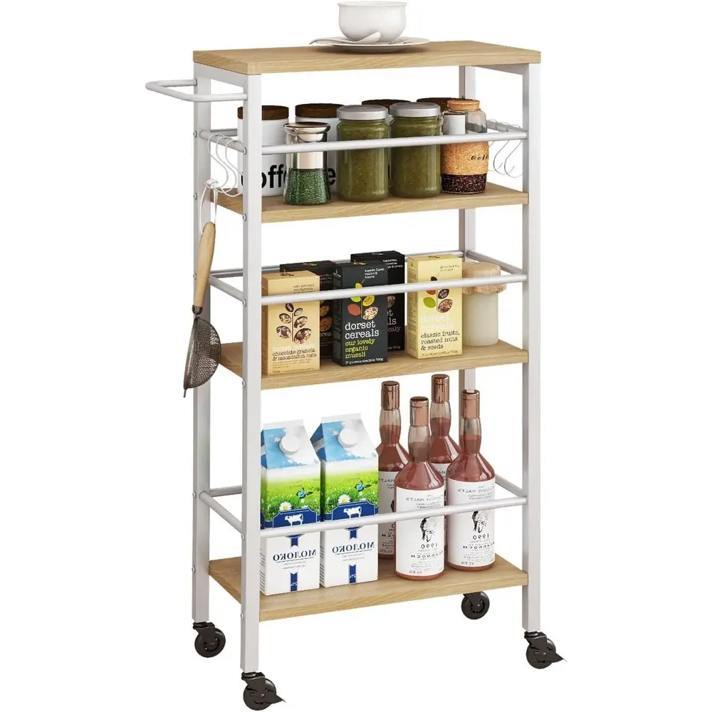 4-Tier Metal Rolling Cart with Wooden Top for Kitchen, Laundry, and Storage in Multiple Rooms