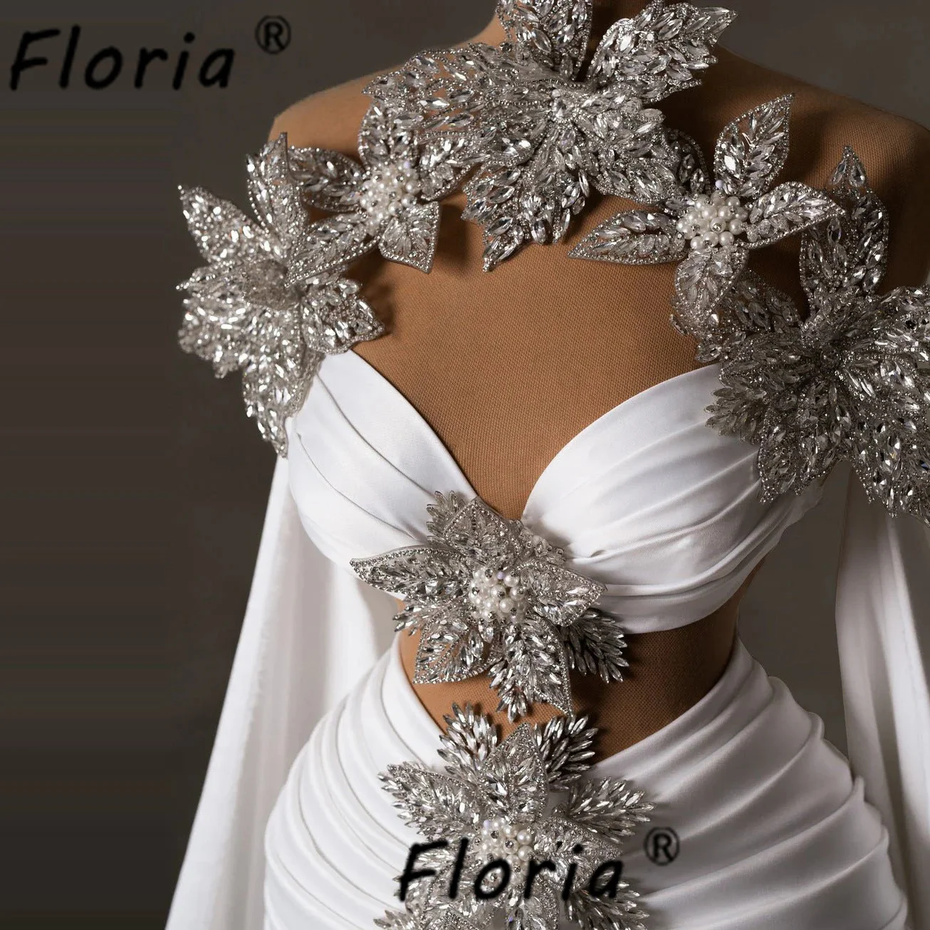 Luxury White Beaded Wedding Dresses For Woman Appliques 3D Flowers Mermaid Party Dress Long Cape Prom Gowns Vesitdos de fiesta