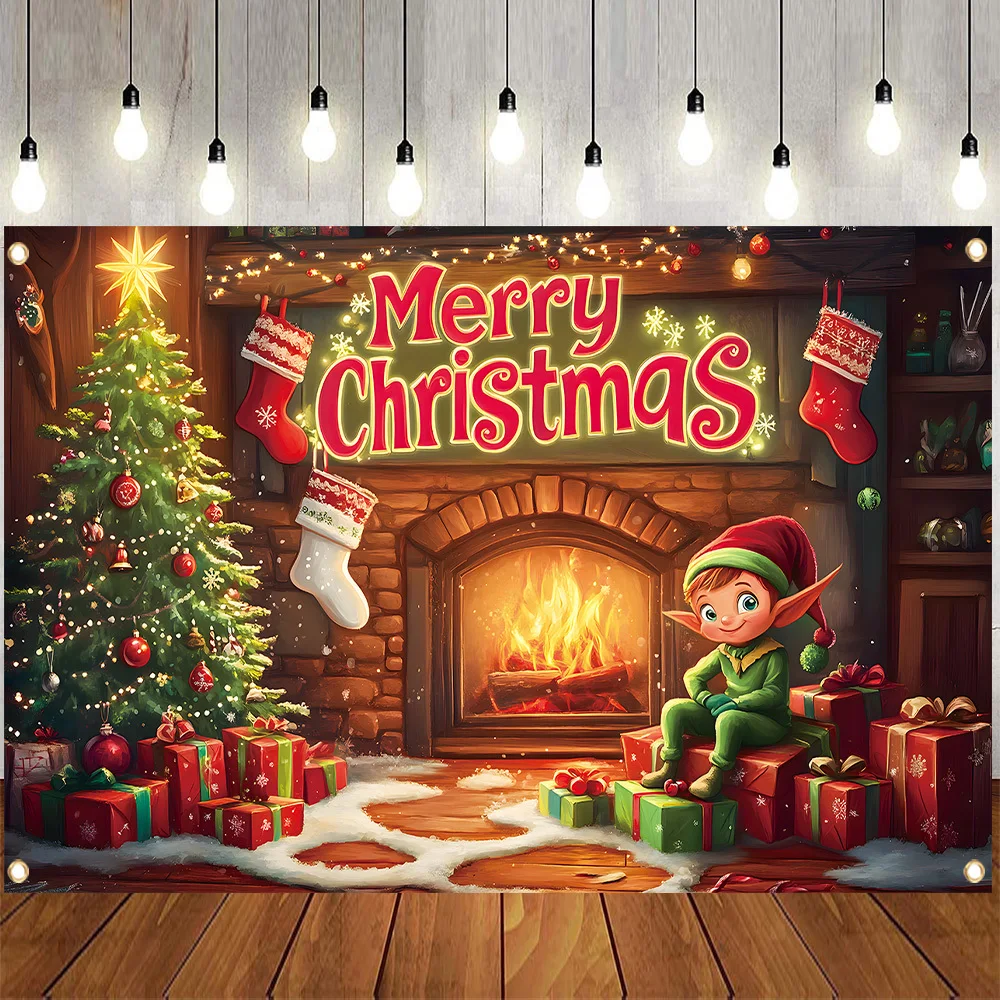 Frohe Weihnachten Polyester-Hintergrundstoff, festliche Geister und warmer Kamin, perfekt für die Weihnachtsfeier