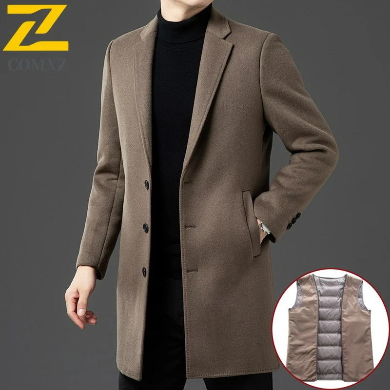 

Шерстяное пальто премиум-класса, мужское зимнее модное классическое съемное внутреннее пальто на гусином пуху, деловой повседневный теплый плащ средней длины
