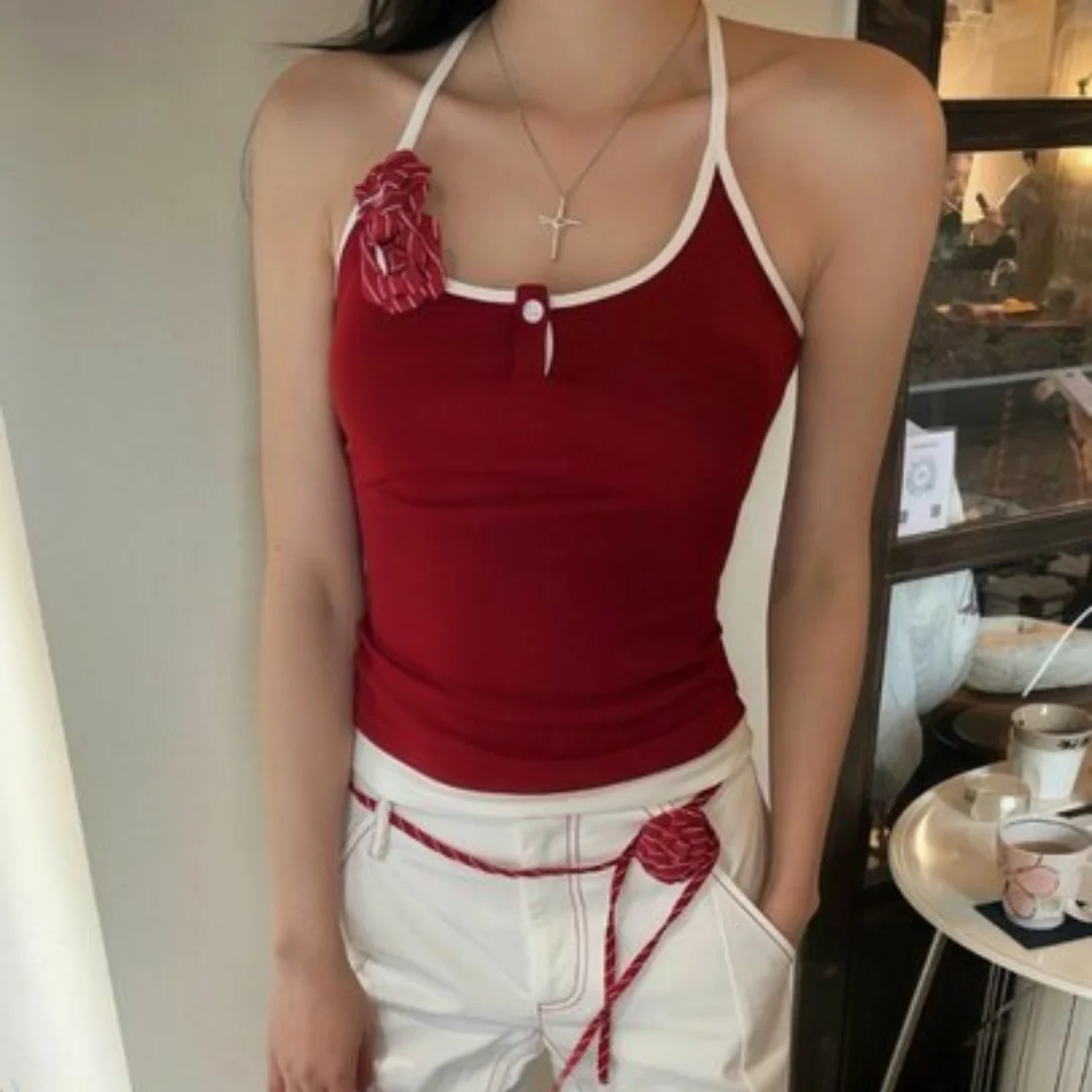 

2025 Summer Women's Sexy Slimming Open Umbilical Red Tank Top Casual Tight Strap Top New Y2k Retro Style Fashion Tight Tank Top