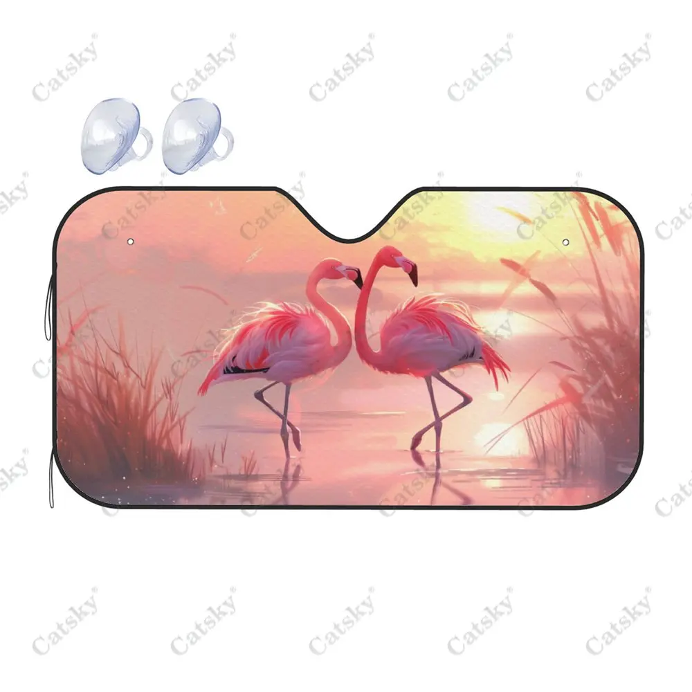 Sun Pink Flamingo Print Car Windshield Sunshade, Auto Accessories Front Windshield Sun Visor Blocks Uv Rays Protect Decoration