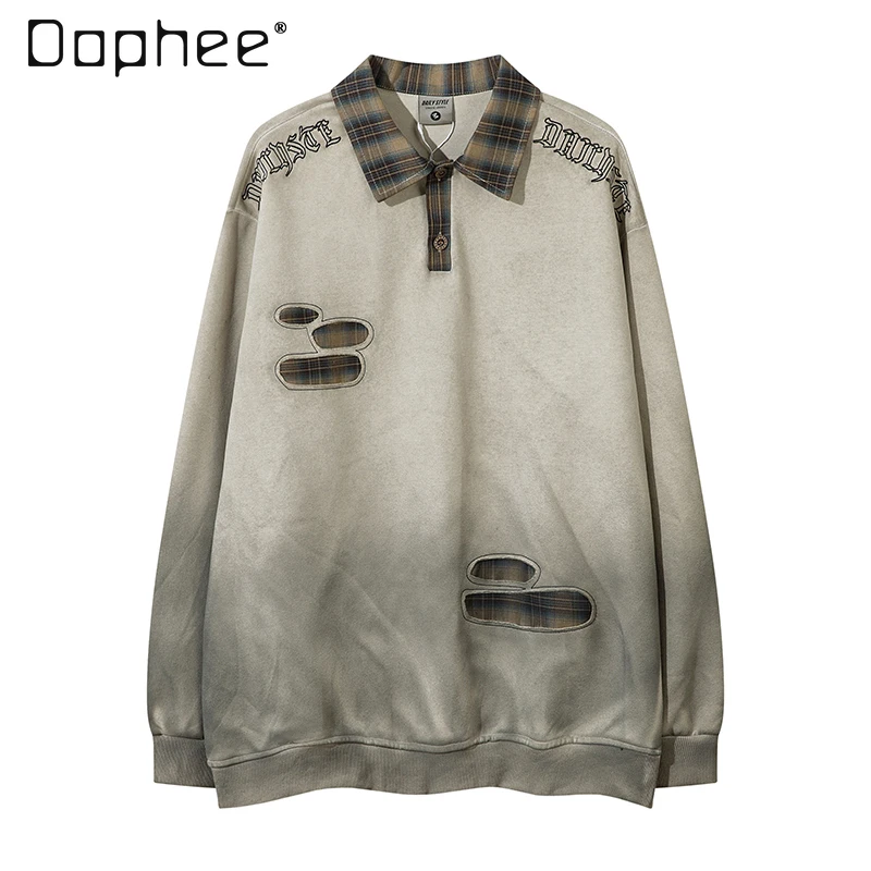 

Spring and Autumn American Retro Men's Plaid Turn-down Collar Embroidered Brown Sweatshirt Couple Vintage Black White Polo Shirt