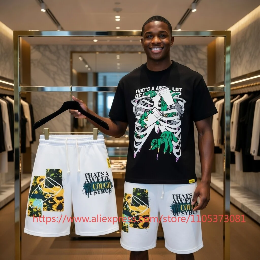 

Мужской комплект из 2 предметов: футболка с принтом и шорты «Это ужасно много сиропа от кашля», новинка 2026 года, уличная повседневная летняя одежда