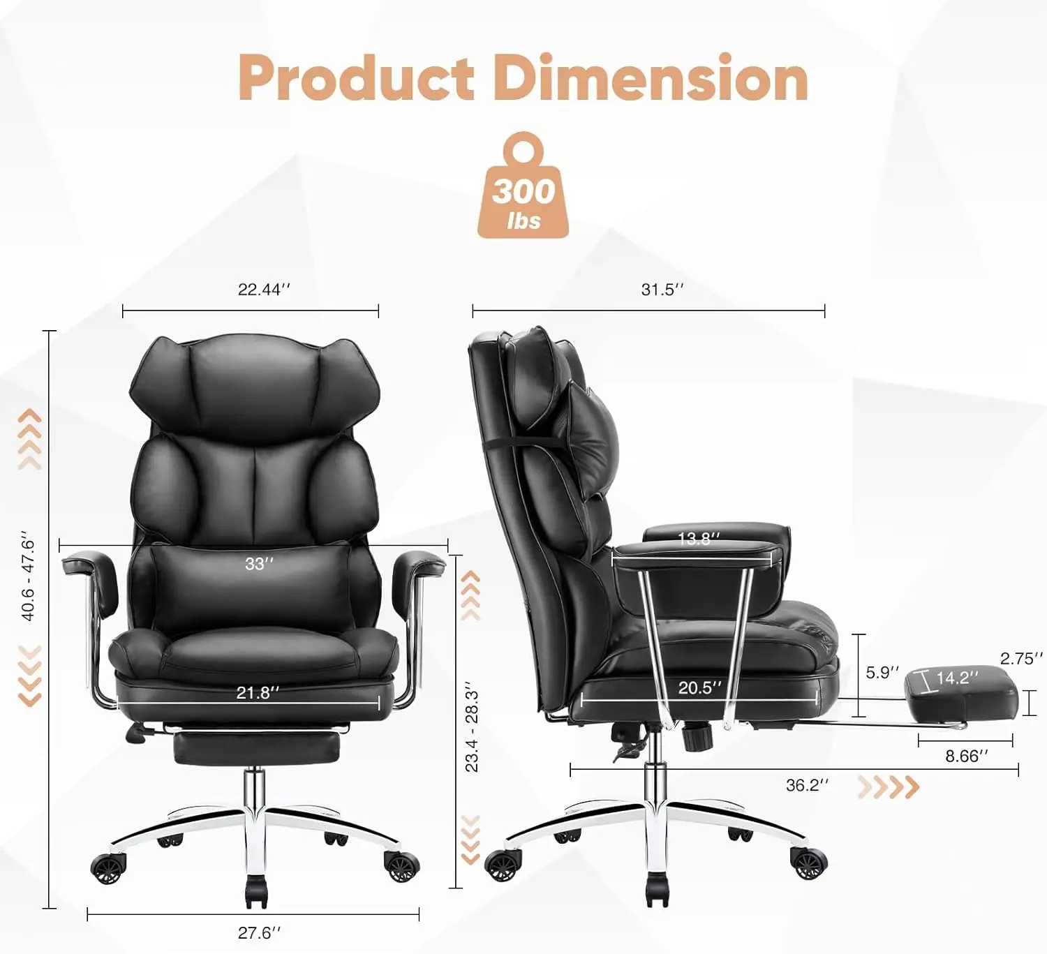 Executive Home Office Desk Chair - Ergonomic Big Tall High Back with Footrest & Lumbar Support, Reclining Height Adjustable