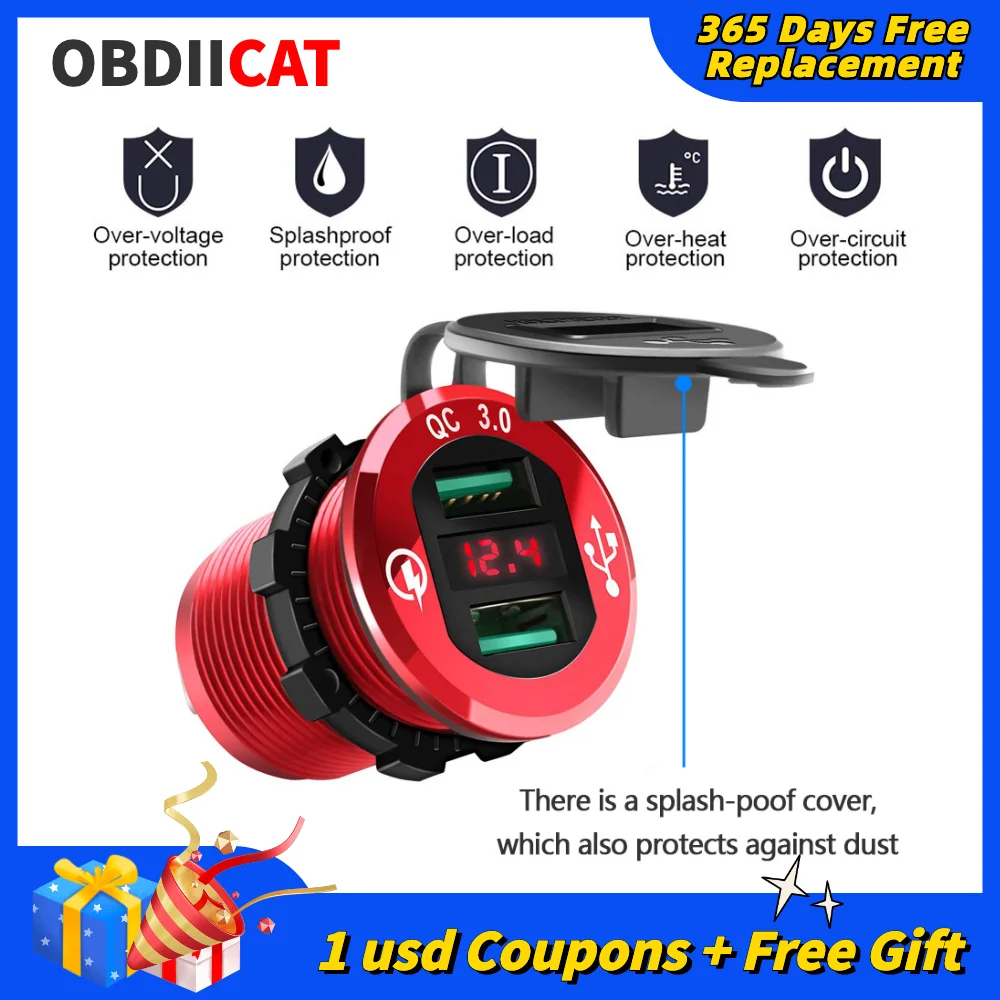 

L4 Dual QC3.0 USB Charger Quick Charge USB Socket Adapter Power Outlet With Voltmeter Switch For 12V-24V Car Boat Motorcycle
