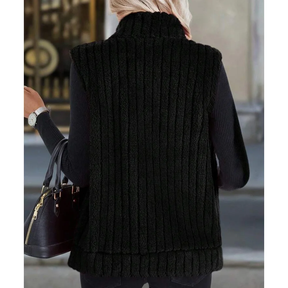 Womens Fleece Vest Vertical Stripe Pattern Sleeveless Collar Zip Front for Summer Beach Holiday and Casual Wear