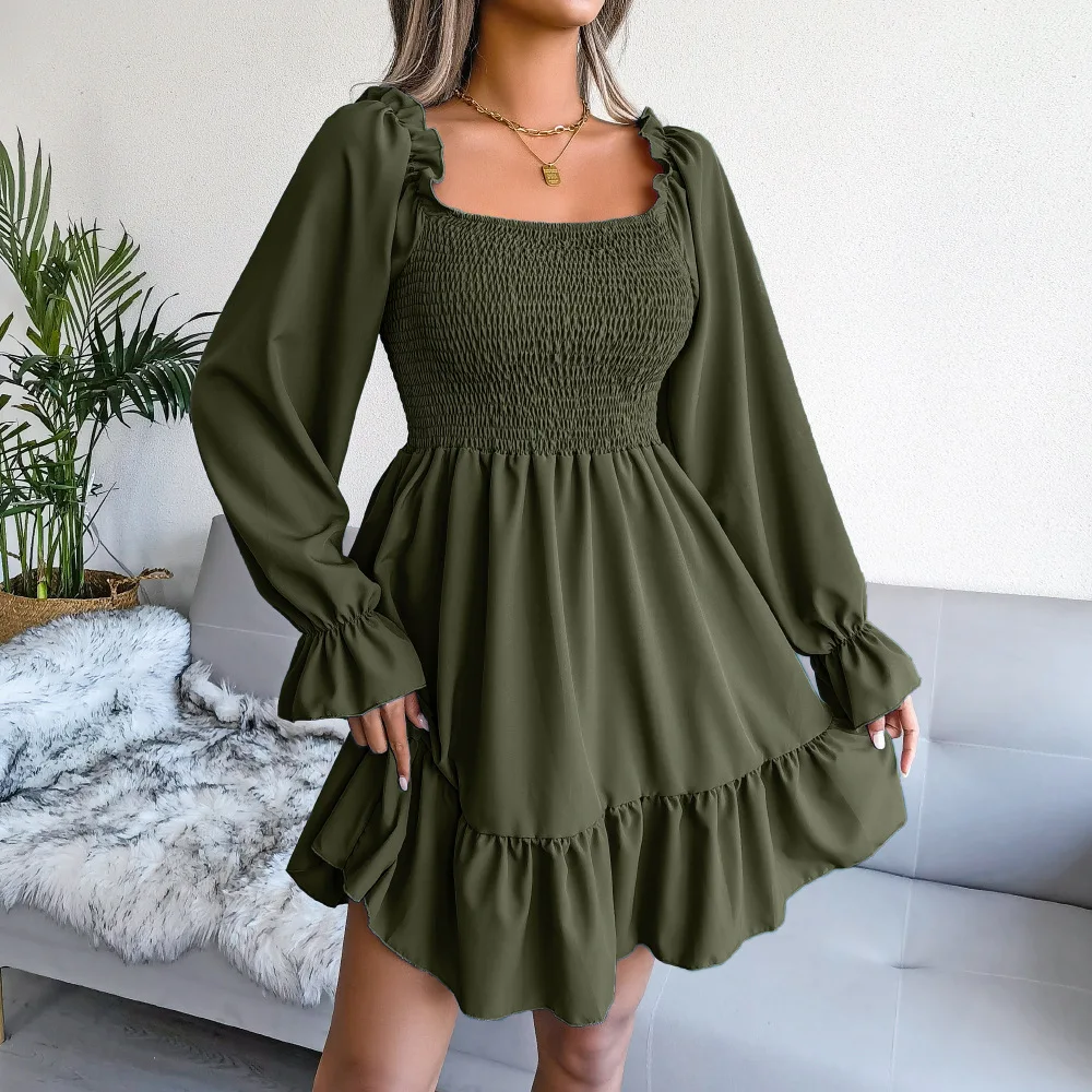 Spring Summer Solid Color Dress Square Neck Flared Long Sleeve Ruffled Dresses Red Orange Green Black Woman Clothing