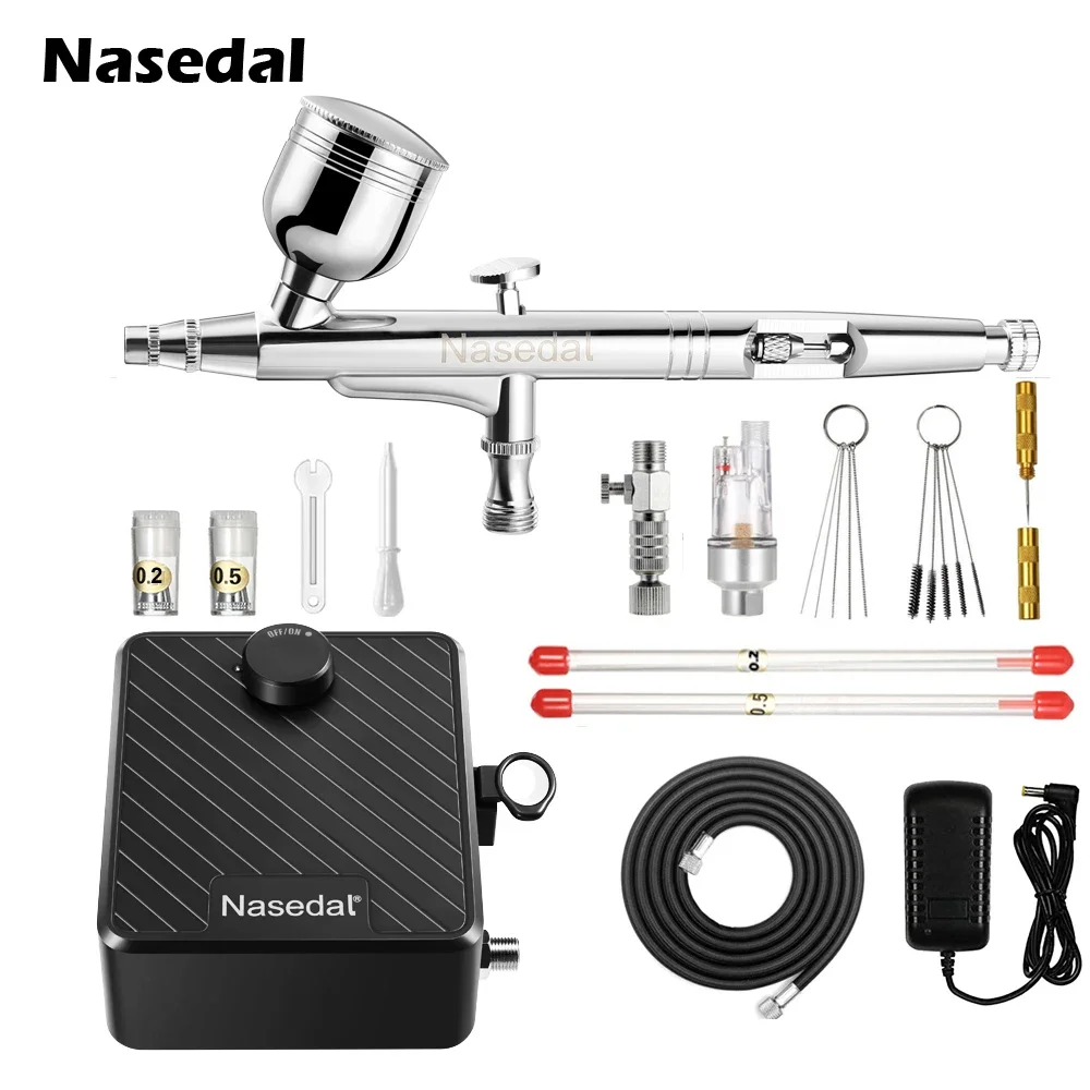 Nasedal Dual-Action 0.3mm Airbrush Kit with Upgraded 40 PSI Air Compressor for Nail Arkt Makeup Model Cake Car Painting Tool