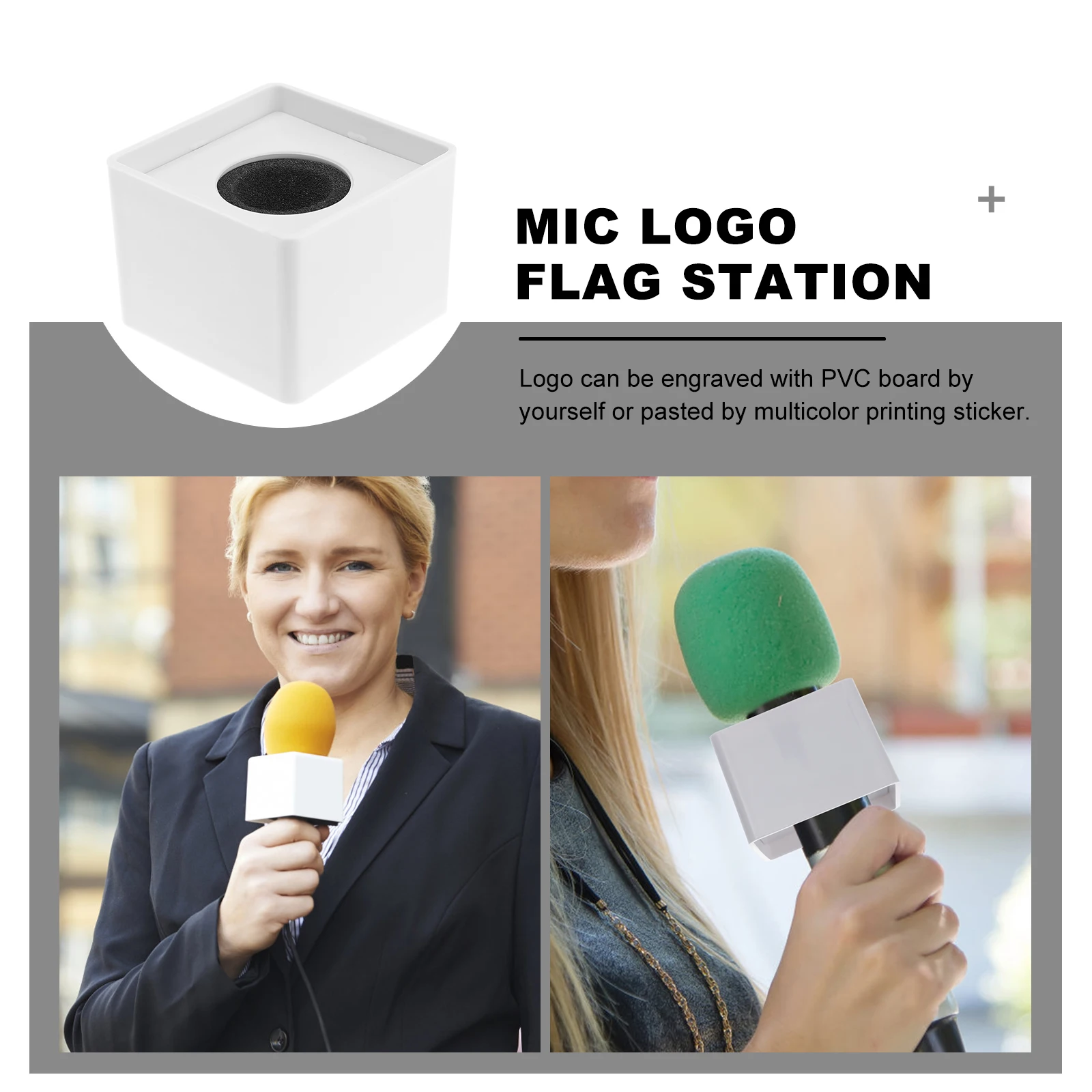 

2Pcs Microphone Station Logo ABS Plastic Interview Mic Flags Portable Decoration Customizable PVC Engraving Suitable Most