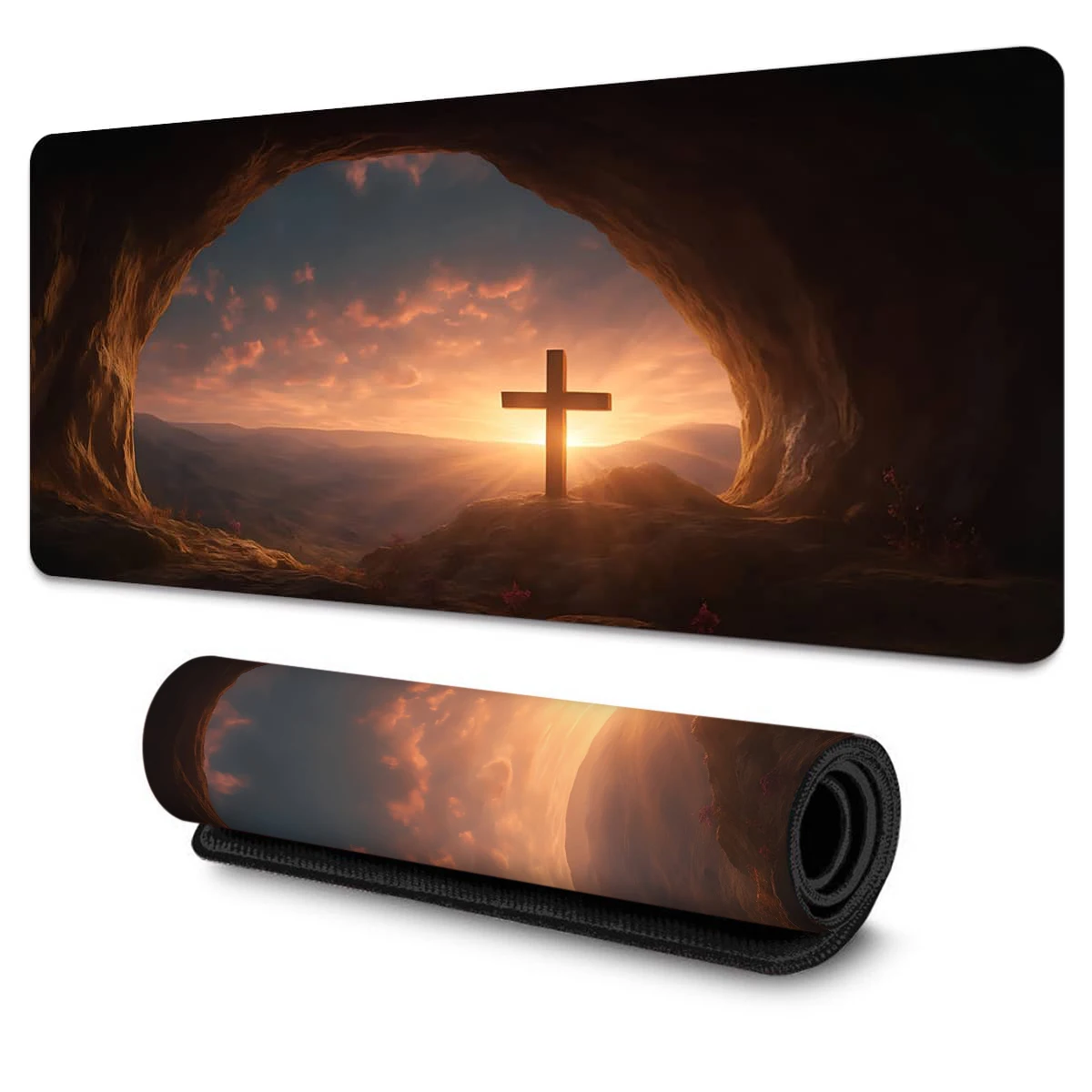 Cross Mouse Pad, Large Cave Dawn Landscape Desk Mat, Religious PC Gaming Surface, Spiritual Decor for Home Office,Christian Gift