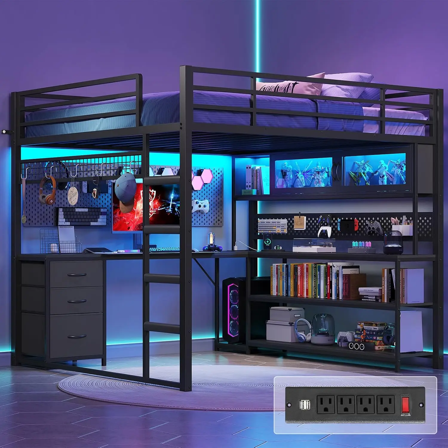 Full Size Gaming Loft Bed With Desk & RGB Hutch, Metal Frame, Black, Customized