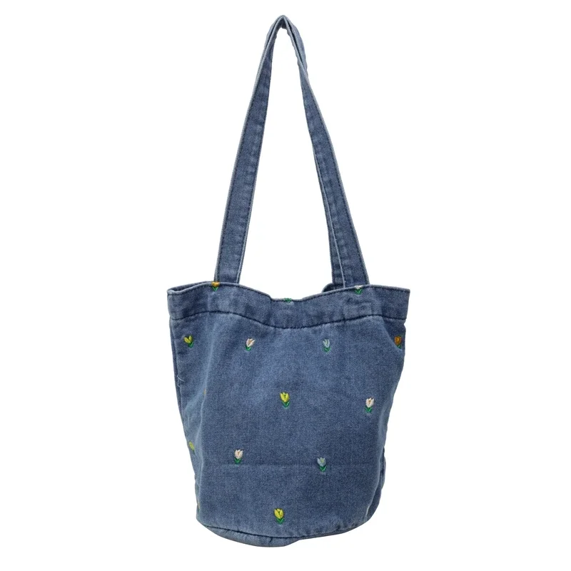 Hot Selling Embroidery Versatile Leisure Denim Fashionable Women\'s Shoulder Bag 2024 New Trend Large Capacity Bucket Bags