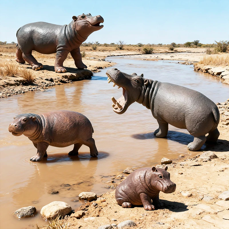 Oenux Simulation Wild Animal Model Rhino Rhinoceros Hippo Hippopotamus PVC Home Ornament Animal Educational Toy For Kids Gift