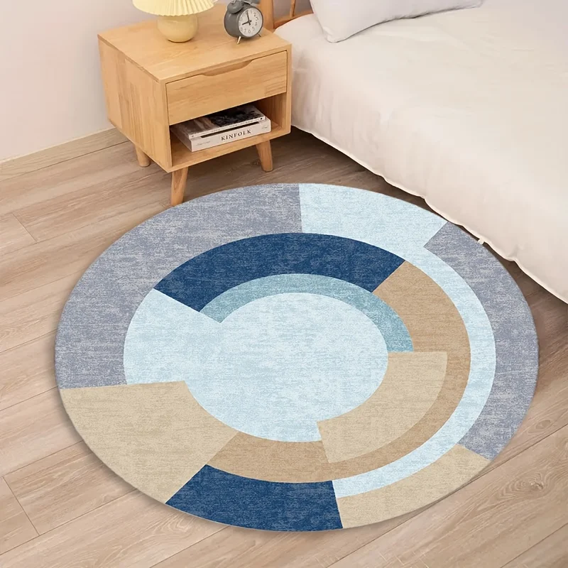 2d Printed Blue Grey Beige Geometric Segmented Round Area Rug Non Slip Floor Mat For Modern Minimalist Home Decor Gift