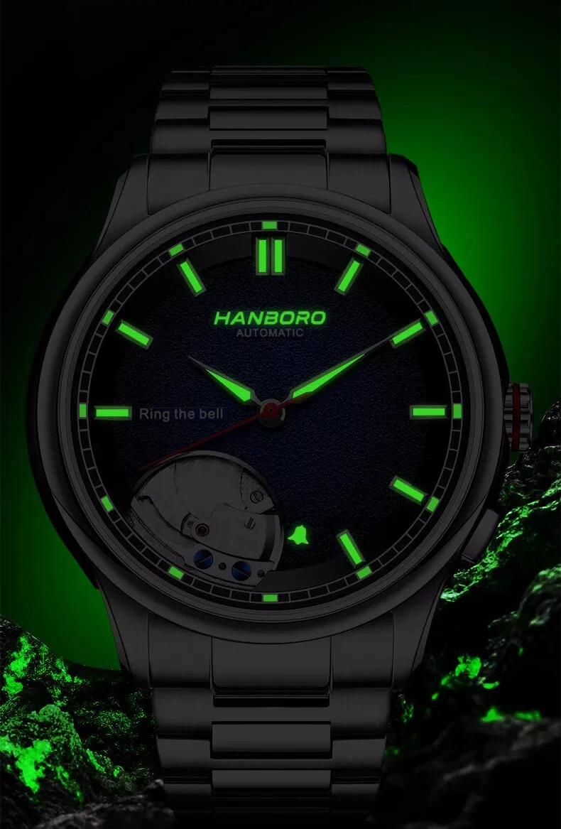 HANBORO Men Automatic Watch 41.5MM Luxury Mechanical Wristwatch 5Bar Sapphire Luminous Skeleton Dial Alarm Ring The Bell