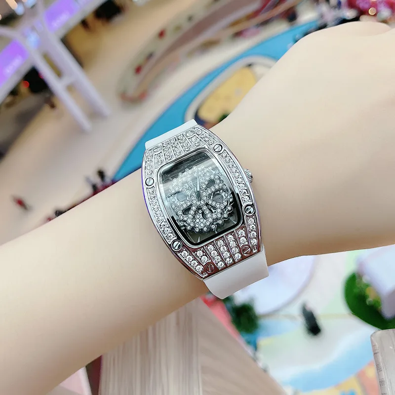Barrel-Shaped Women's Watch Fashion Diamond-Studded Starry Sky Hollow Rotating Silicone Strap Waterproof Wristwatch
