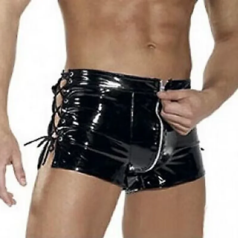 Plus Size PVC New Fashion Club Men's Boxers Faux Leather Panties Side Lace up Short Pants Knickers Casual Clubwear Lingerie New