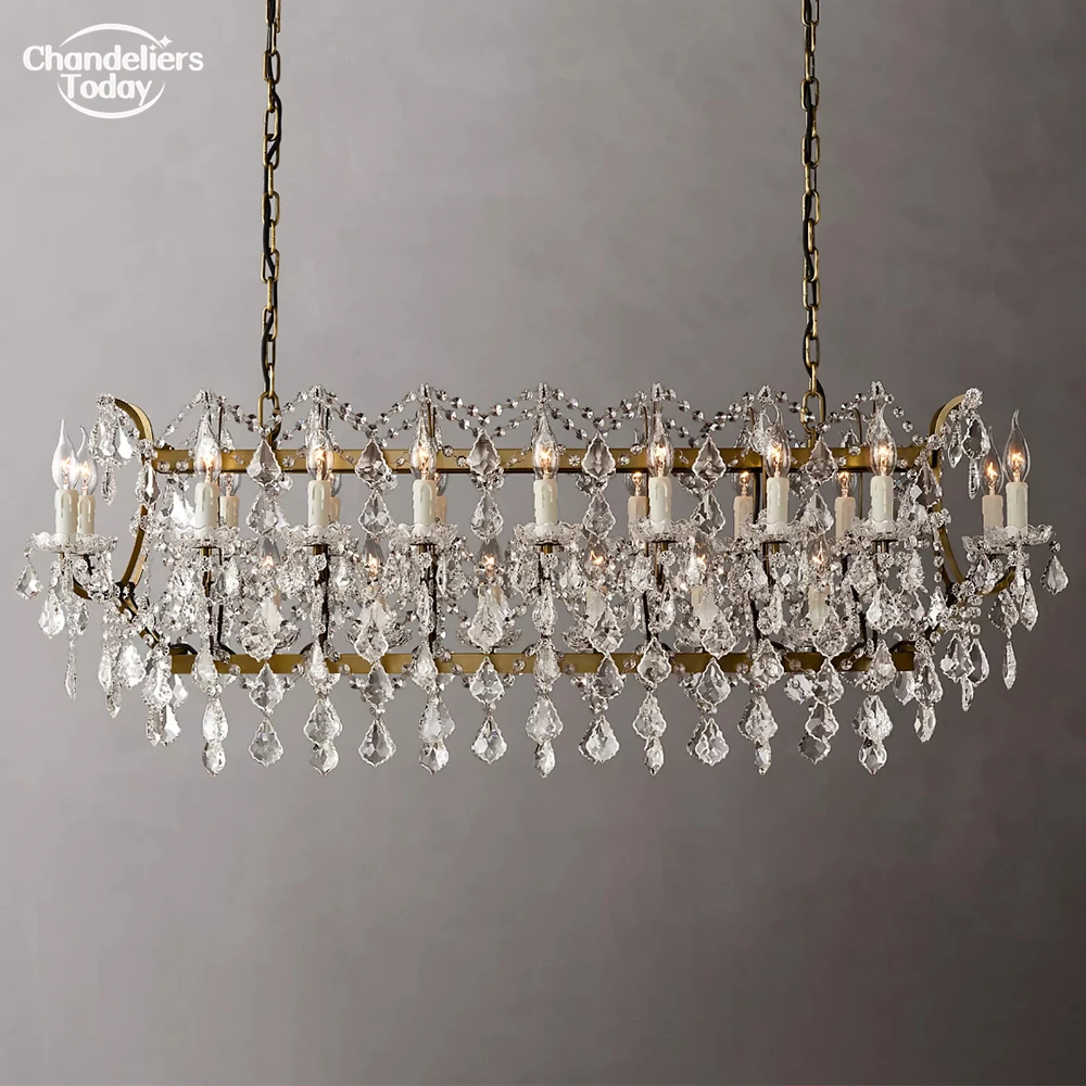 

19th C. Rococo Iron & Crystal Rectangular Chandelier Brass Candle Chandelier Lighting LED Modern Light Fixture for Dinining Room