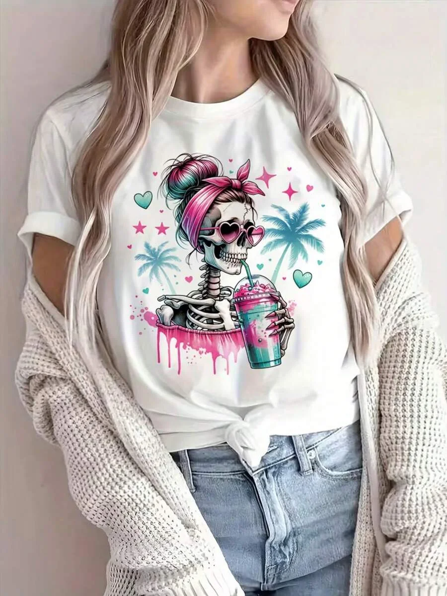 2026 Fashion New Women Y2K Beach Skeleton Messy Bun Iced Drink Palm Tree Print Casual Short Sleeve Basic Top Tee