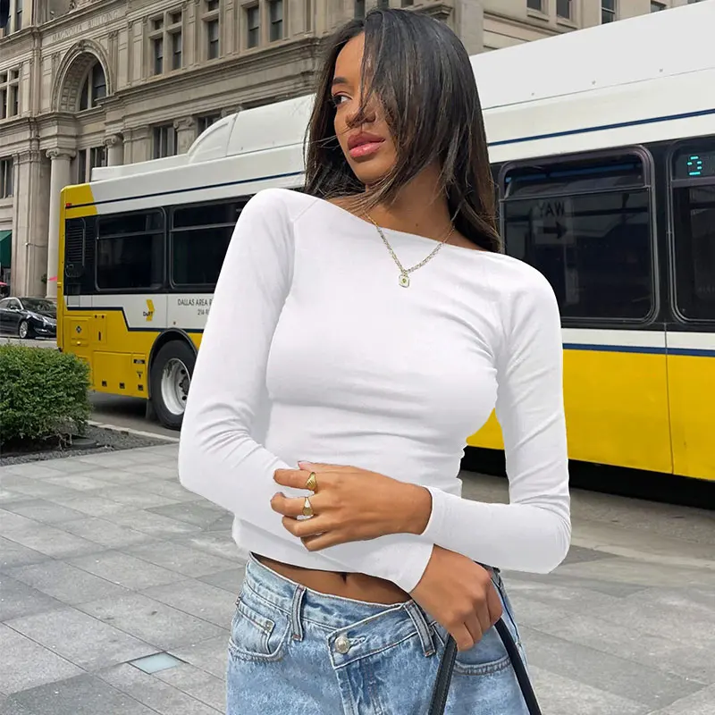 Y2k Clothes Women's Autumn Backless Long Sleeve T-shirts Solid Slim Pullovers Casual Crop Tops Female Streetwear Baby White Tees